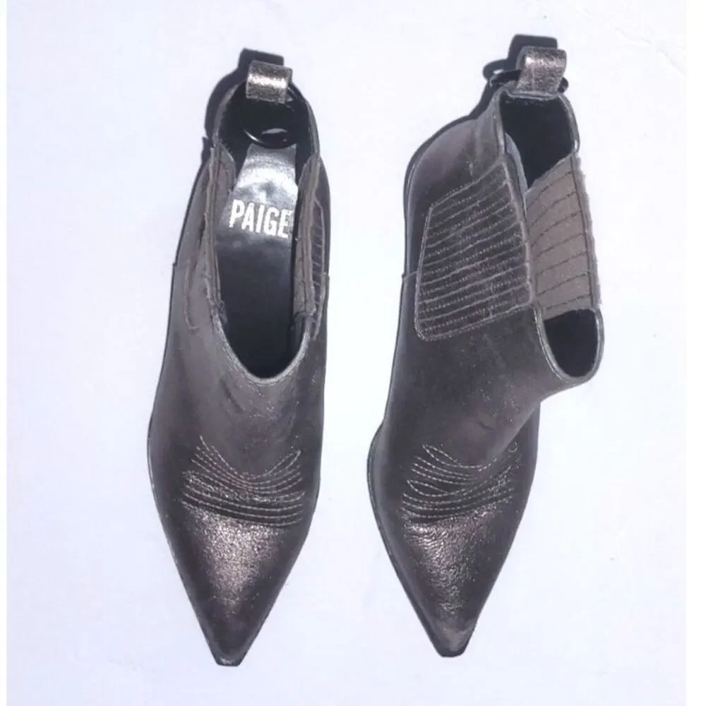 PAIGE Metallic Pewter Leather Western Chelsea Ankle Boots Women's 7.5